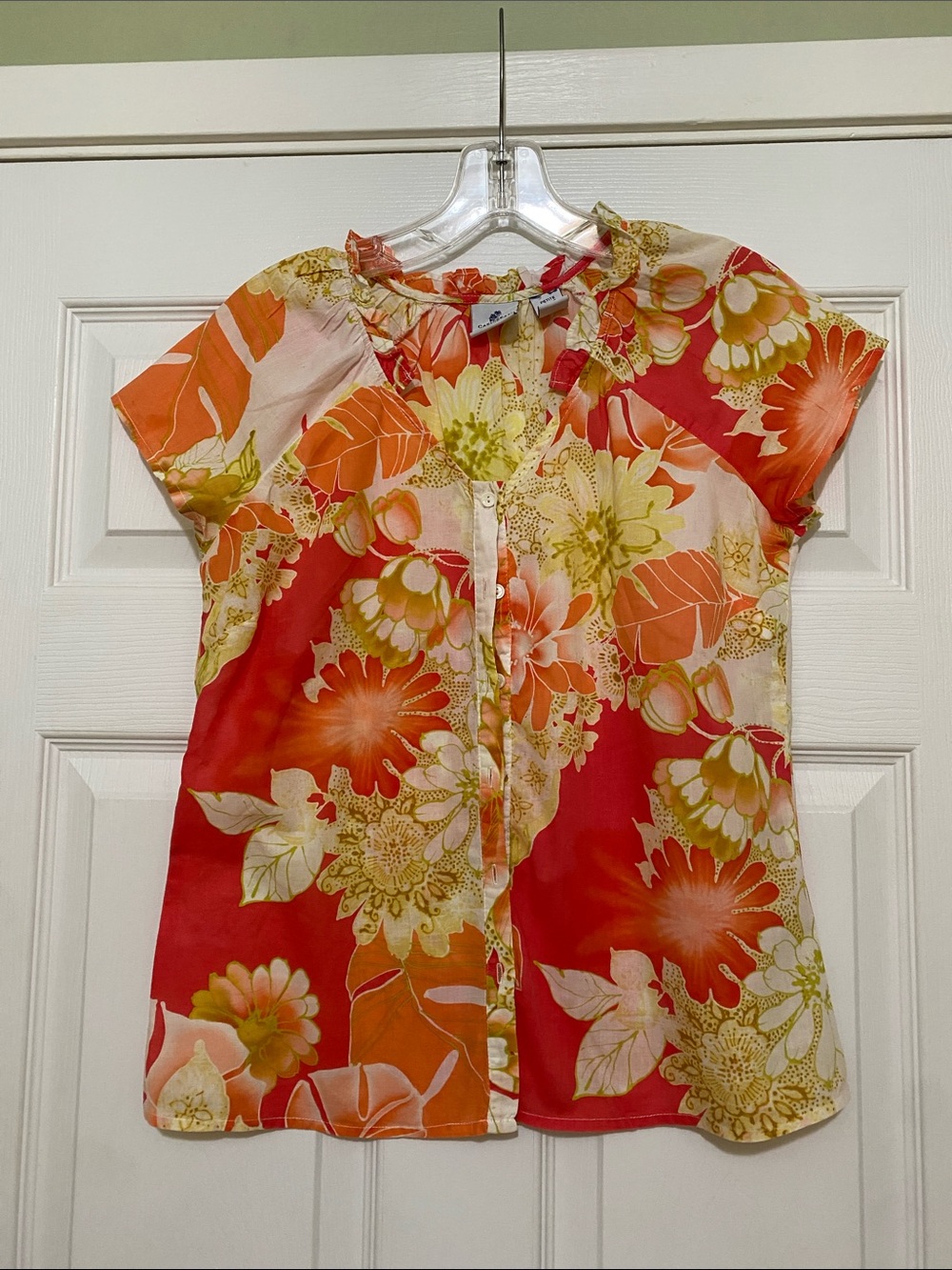 Caribbean Joe Red-Orange Floral Button Front Blouse